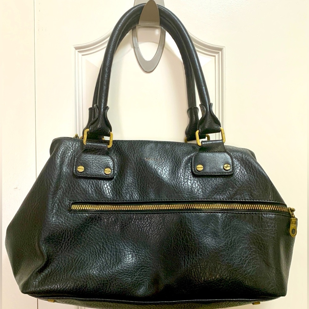 Matt & Nat Samsara Black Faux Leather Doc Satchel Brass Rivet Zip Pocket 2 Handl